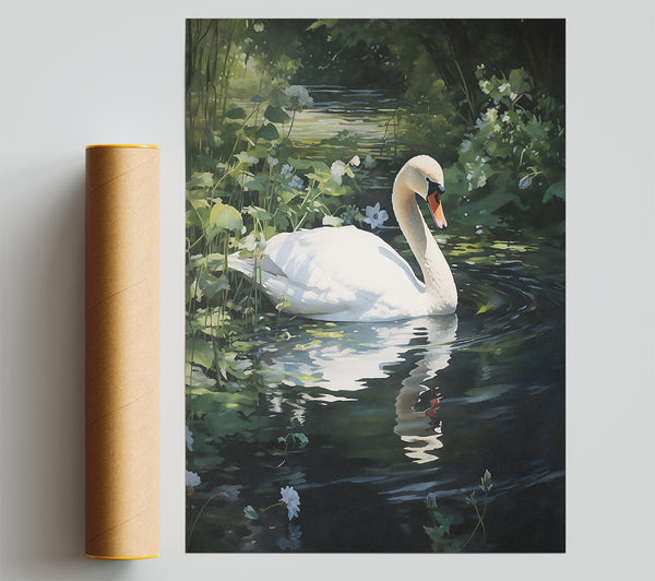 White Swan In Green Water