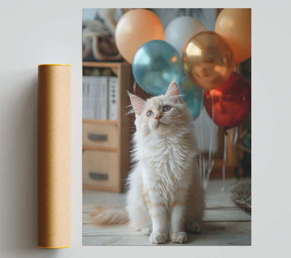 White Kitten And Balloons