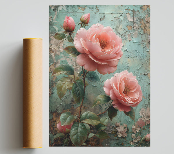 Pink Roses On Teal