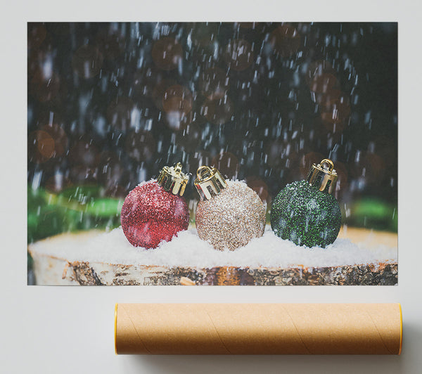 Red Ornaments In Snow