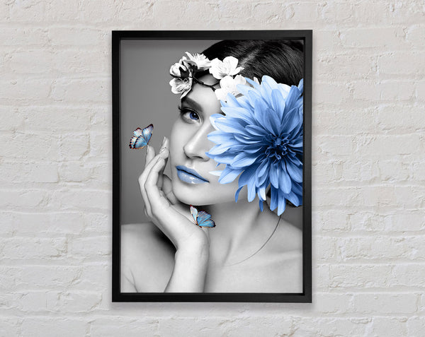 Black And White Girl With Blue Flower