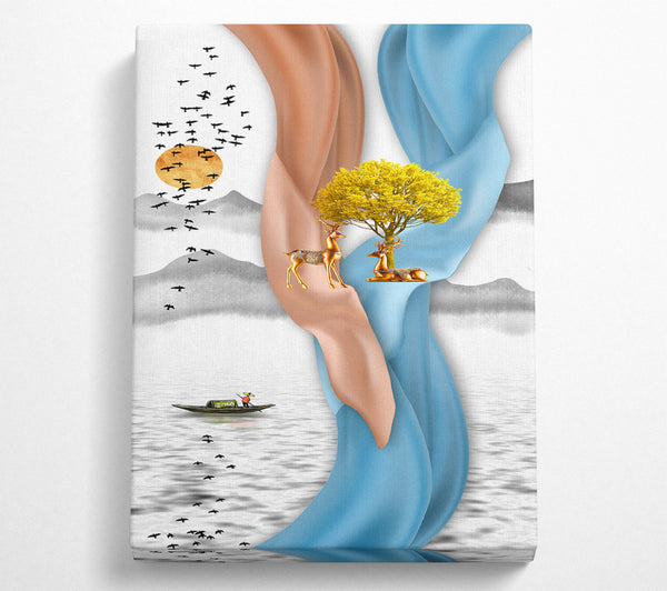 Blue And Orange Swirls With Yellow Tree