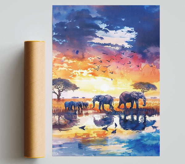 Blue Sunset Elephants