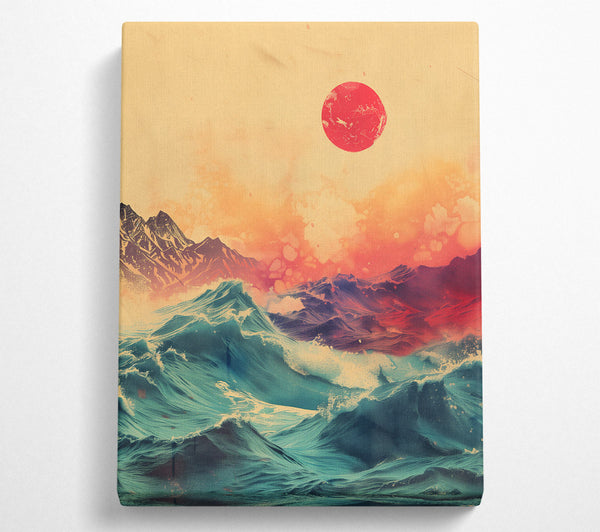 Teal Waves And Red Sun