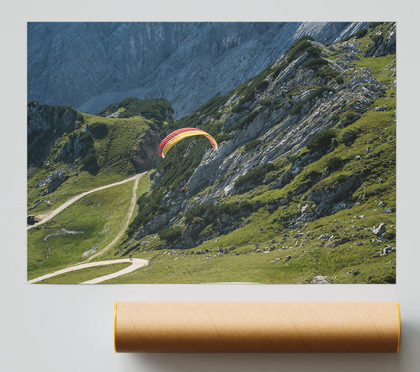 Yellow Paraglider Above Mountains