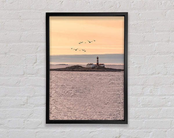 Distant Lighthouse With Birds Flying