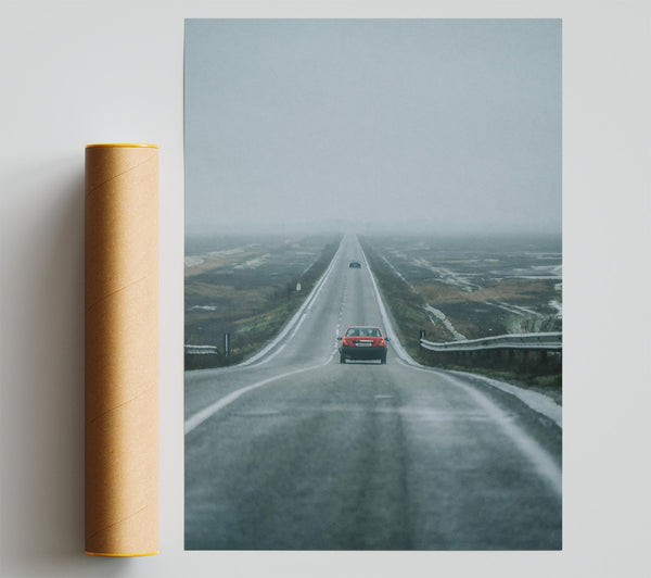 Red Car Through Foggy Road