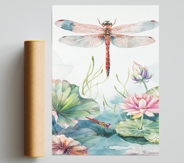 Red Dragonfly Water Lily Pond