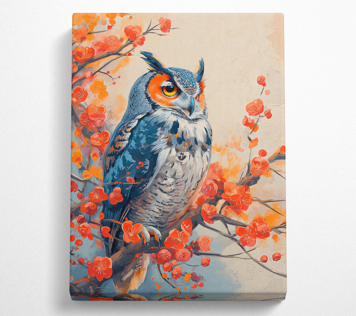 Owl painting, owl paintings, painting of an owl, owl art, vertical, canvas, grey, brown, and, cherry blossom, wall art, high quality large, gift, gifts