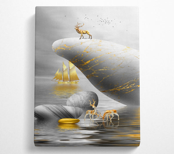 Gold Boat Deers On Roack