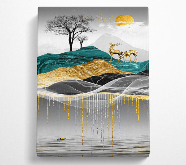 Golden Deer On Abstract Hill