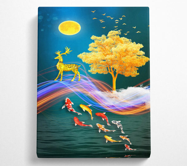 Koi Fish  Deer And Gold Tree