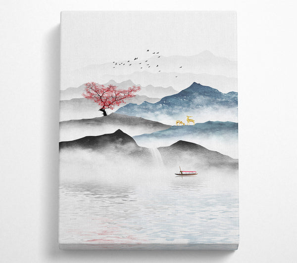 Red Tree  With Boat On A Lake