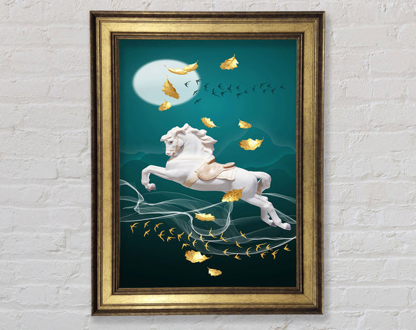 White Horse With Golden Leaves  Turquoise