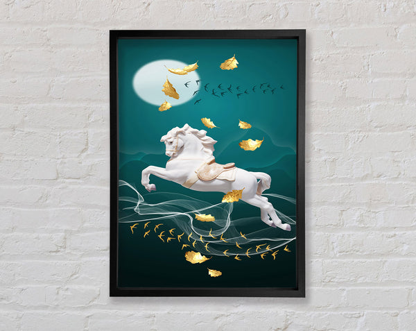 White Horse With Golden Leaves  Turquoise