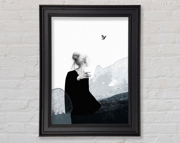 Woman In Black Looking At Butterfly