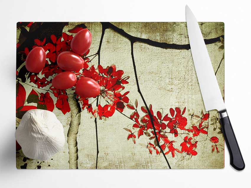 Red Leaf Skies Glass Chopping Board