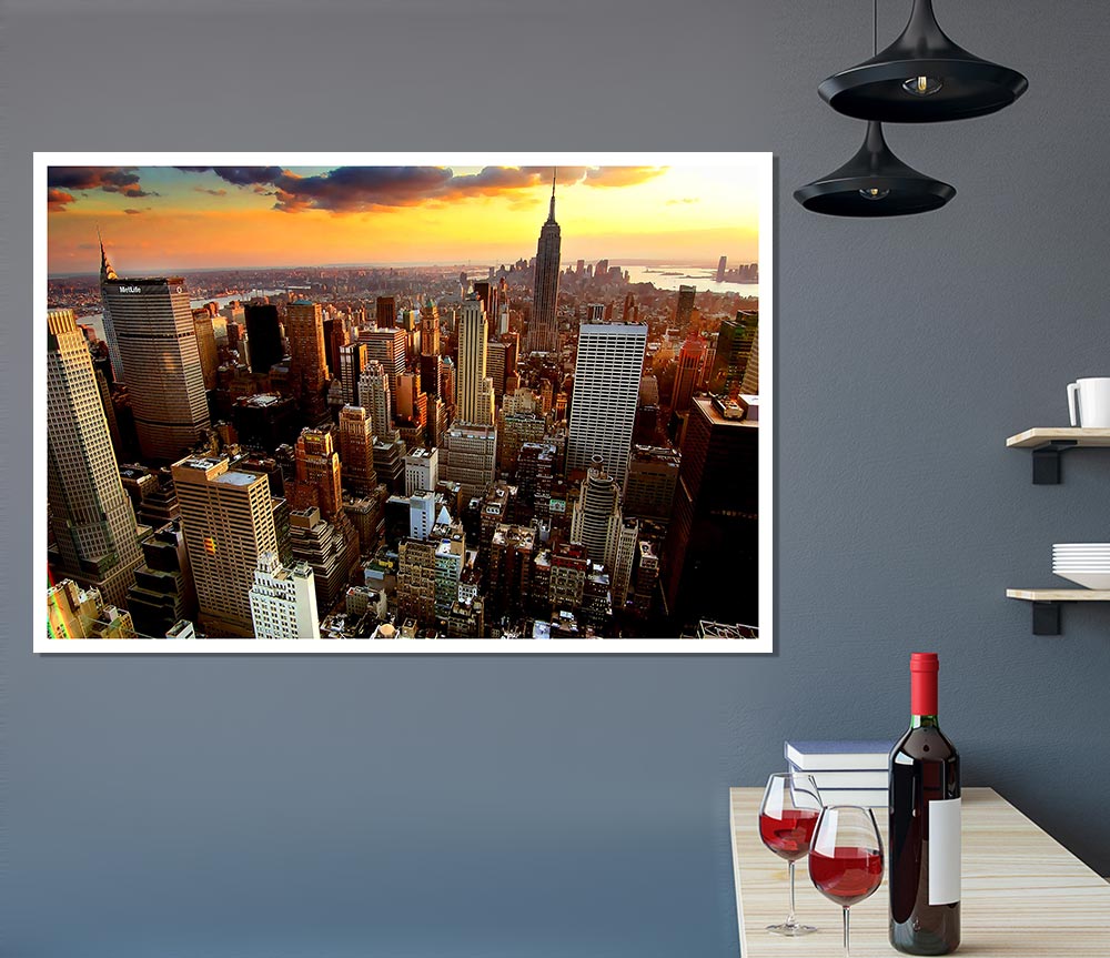 Aerial View Of New York City Sunset Print Poster Wall Art