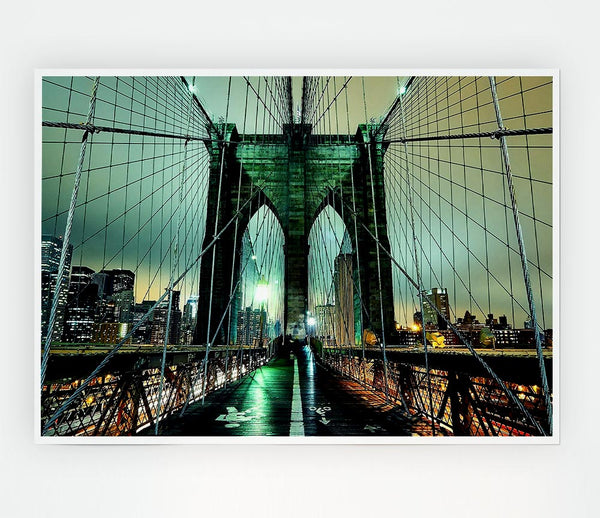 Brooklyn Bridge At Night Green Glow Print Poster Wall Art