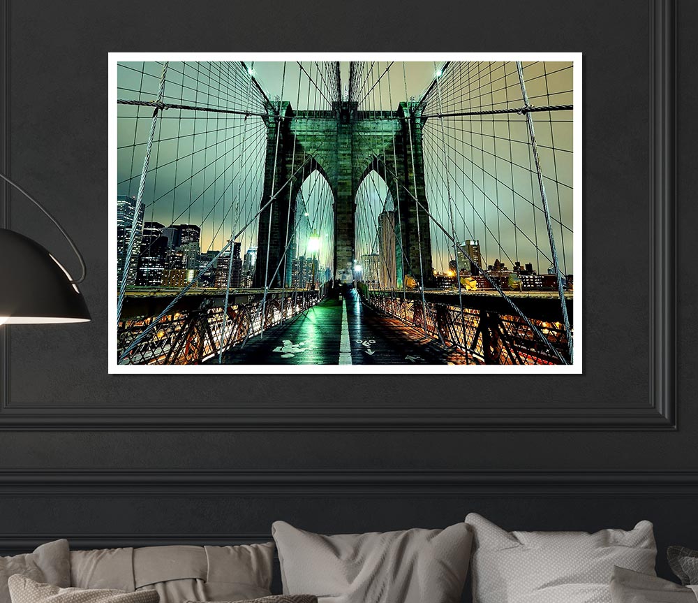 Brooklyn Bridge At Night Green Glow Print Poster Wall Art