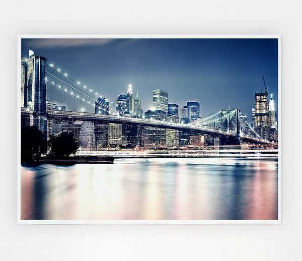 Brooklyn Bridge At Night Pink Waters Print Poster Wall Art