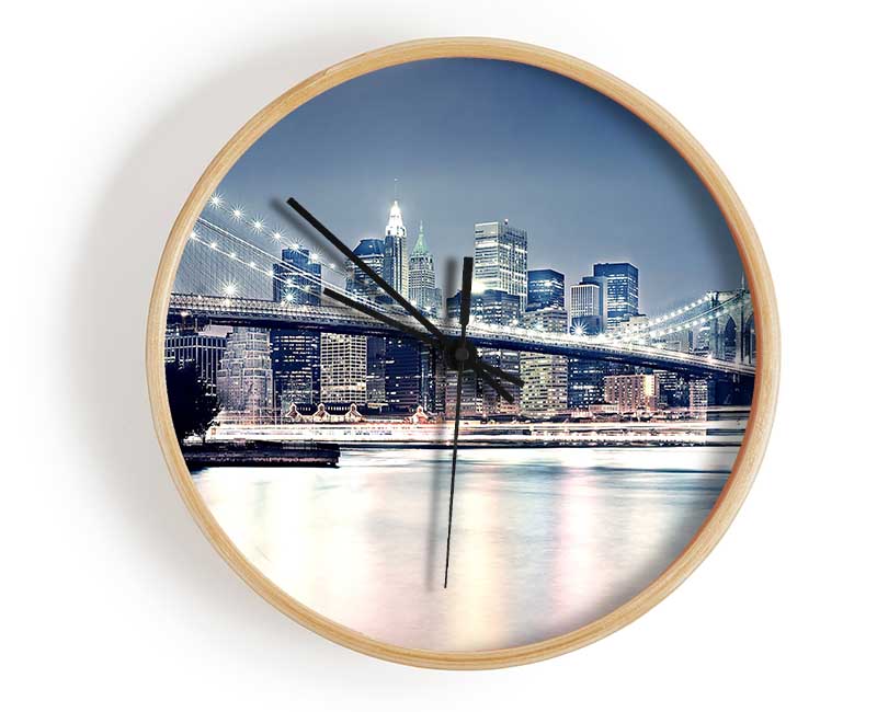 Brooklyn Bridge At Night Pink Waters Clock - Wallart-Direct UK