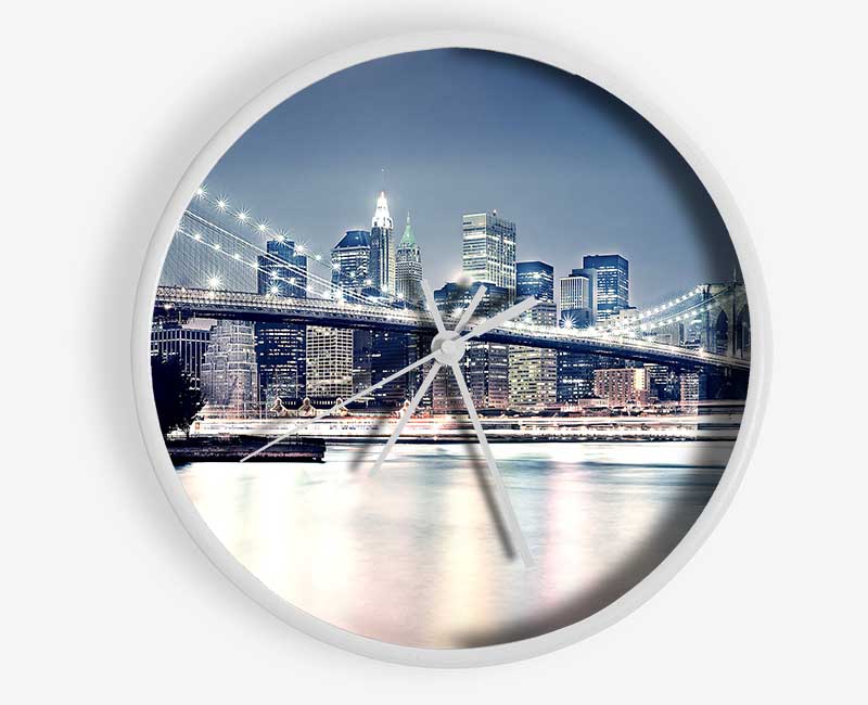 Brooklyn Bridge At Night Pink Waters Clock - Wallart-Direct UK