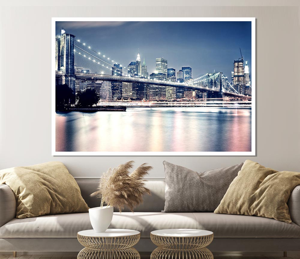 Brooklyn Bridge At Night Pink Waters Print Poster Wall Art