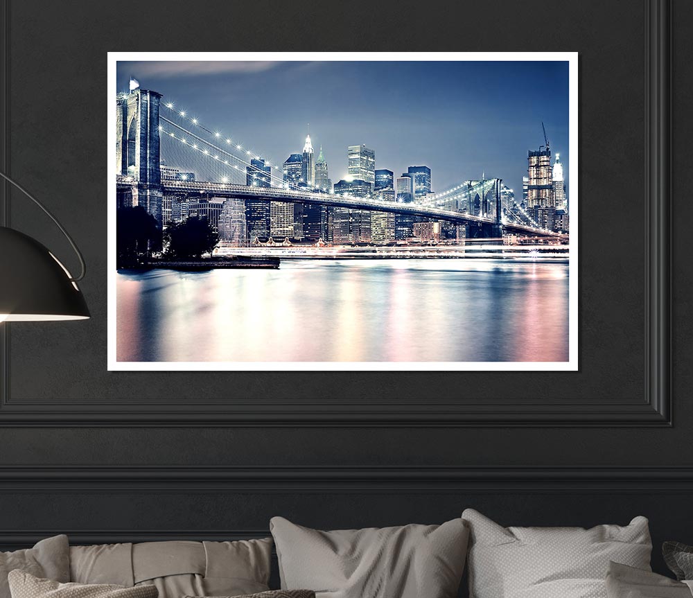 Brooklyn Bridge At Night Pink Waters Print Poster Wall Art