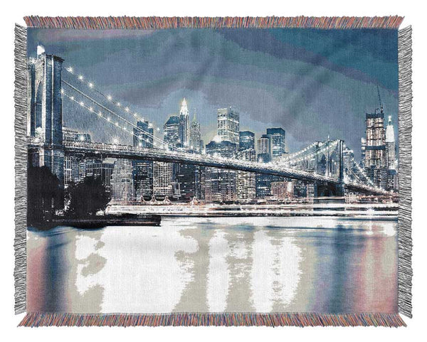 Brooklyn Bridge At Night Pink Waters Woven Blanket