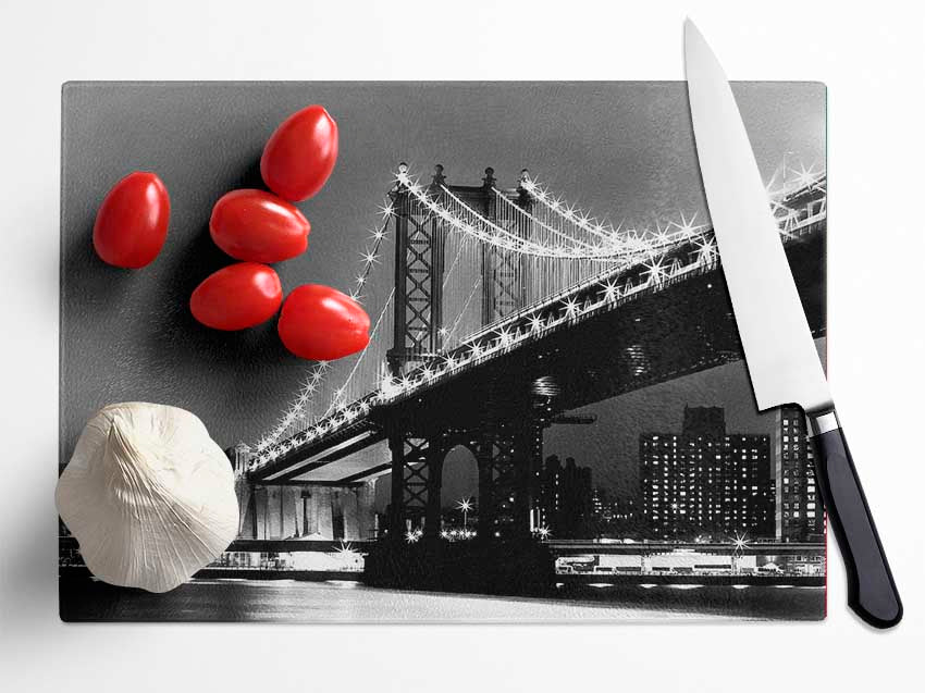 Brooklyn Bridge Lights B n W Glass Chopping Board