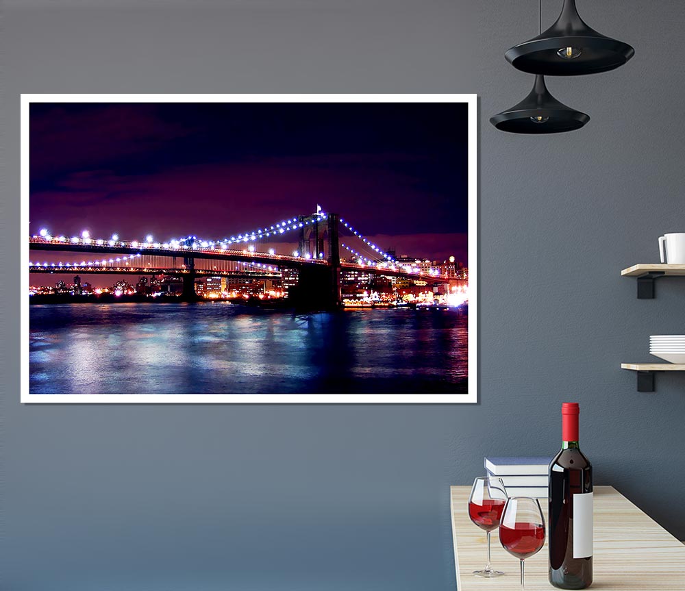 Brooklyn Bridge Lights By The Water Print Poster Wall Art