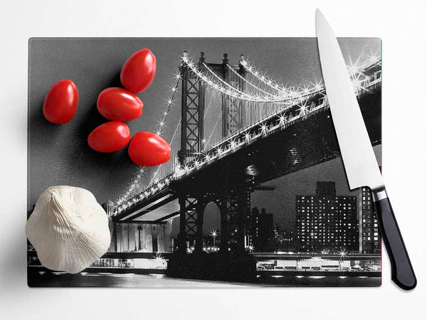 Brooklyn Bridge Night Lights B n W Glass Chopping Board