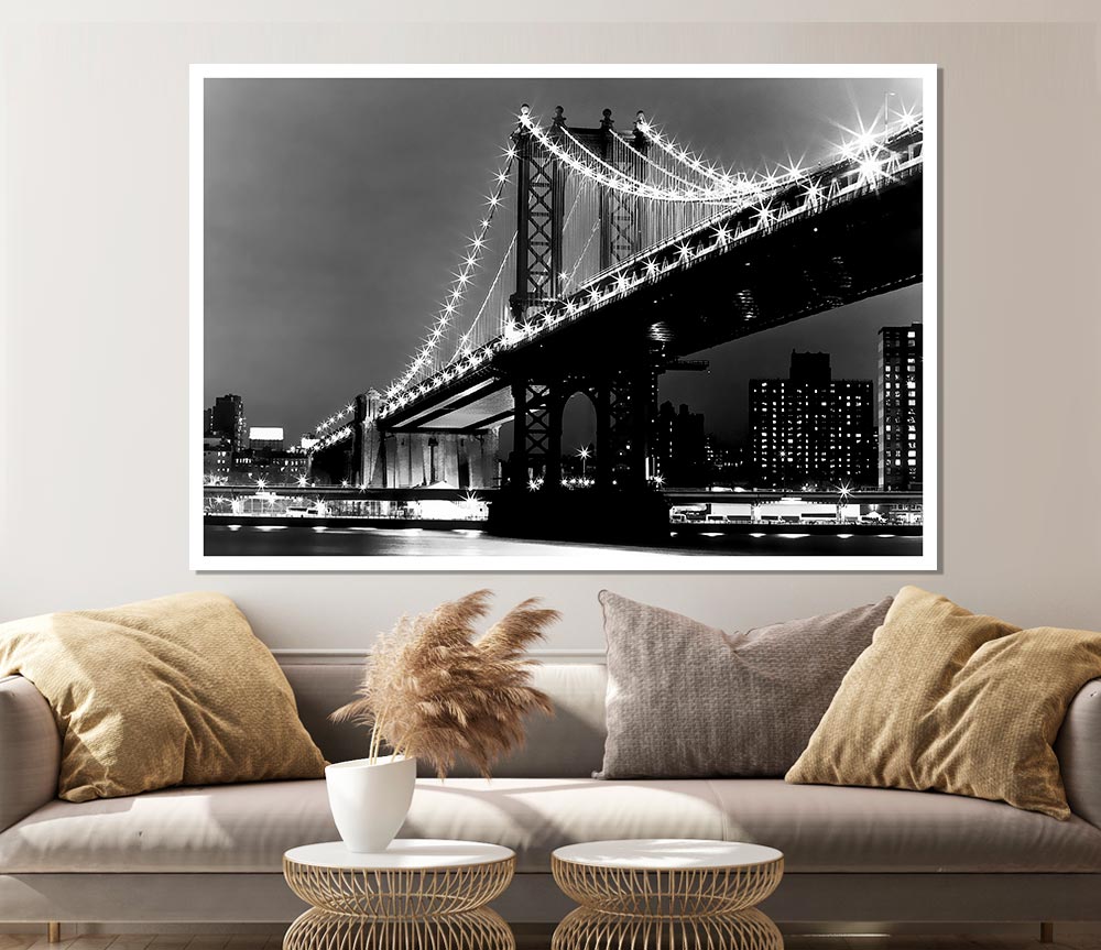 Brooklyn Bridge Night Lights B N W Print Poster Wall Art