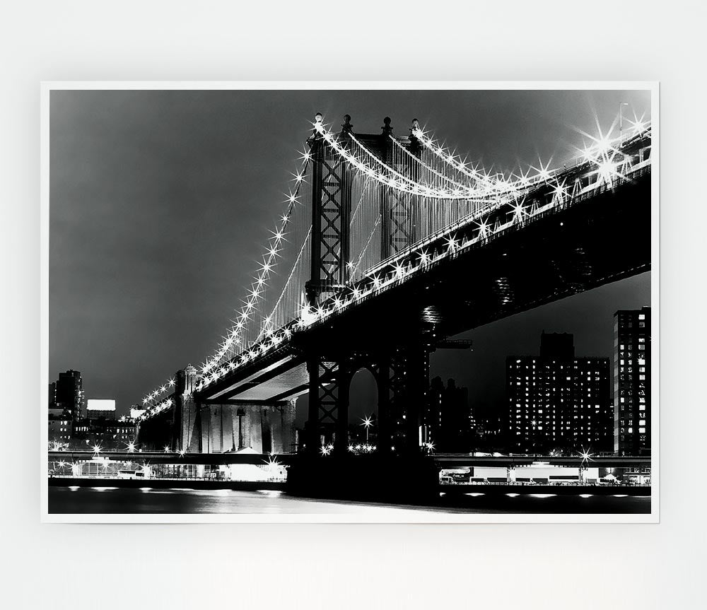 Brooklyn Bridge Night Lights B N W Print Poster Wall Art