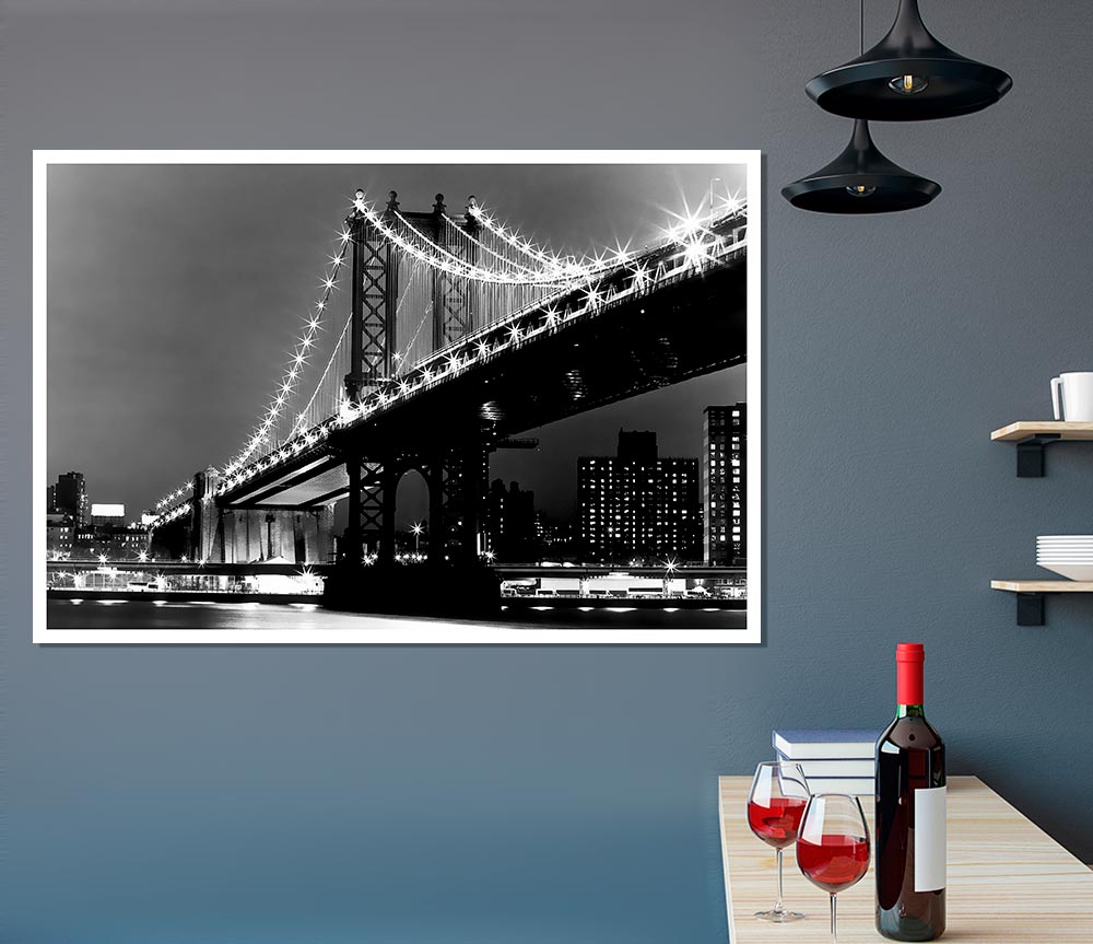 Brooklyn Bridge Night Lights B N W Print Poster Wall Art