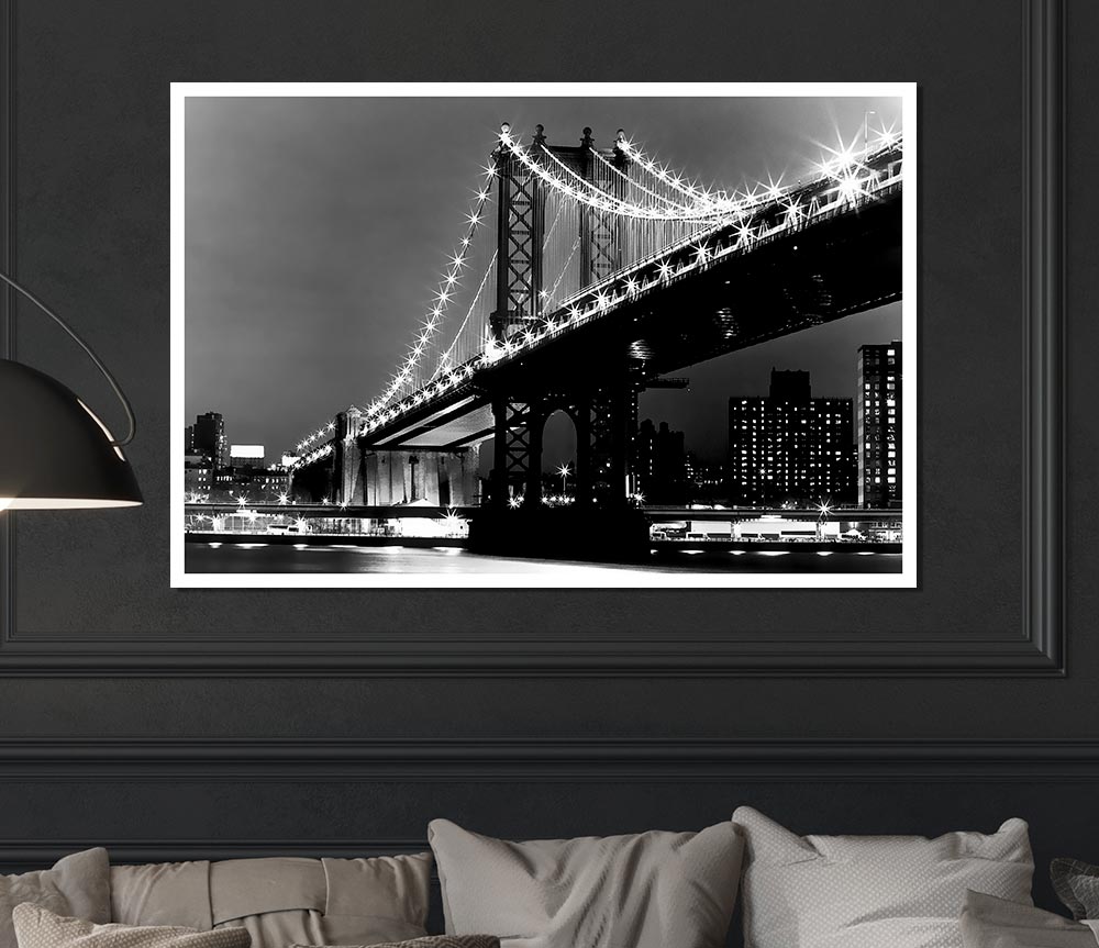 Brooklyn Bridge Night Lights B N W Print Poster Wall Art