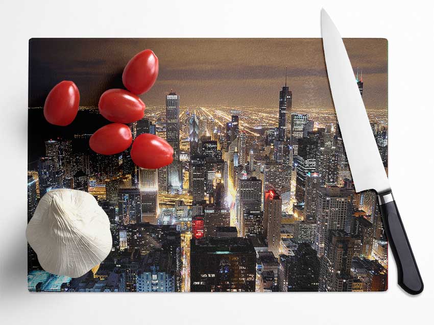 Chicago Skyline Nights Glass Chopping Board