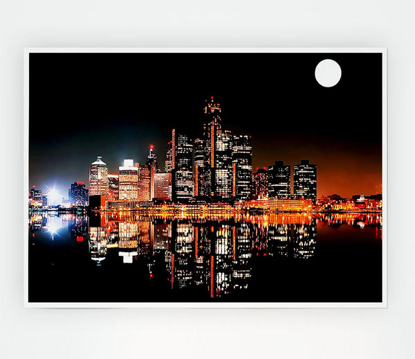 City Moonlit Reflections Print Poster Wall Art