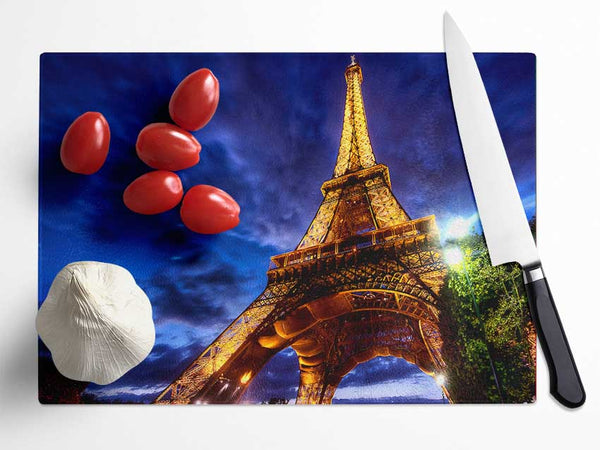 Eiffel Tower Golden Blues Glass Chopping Board