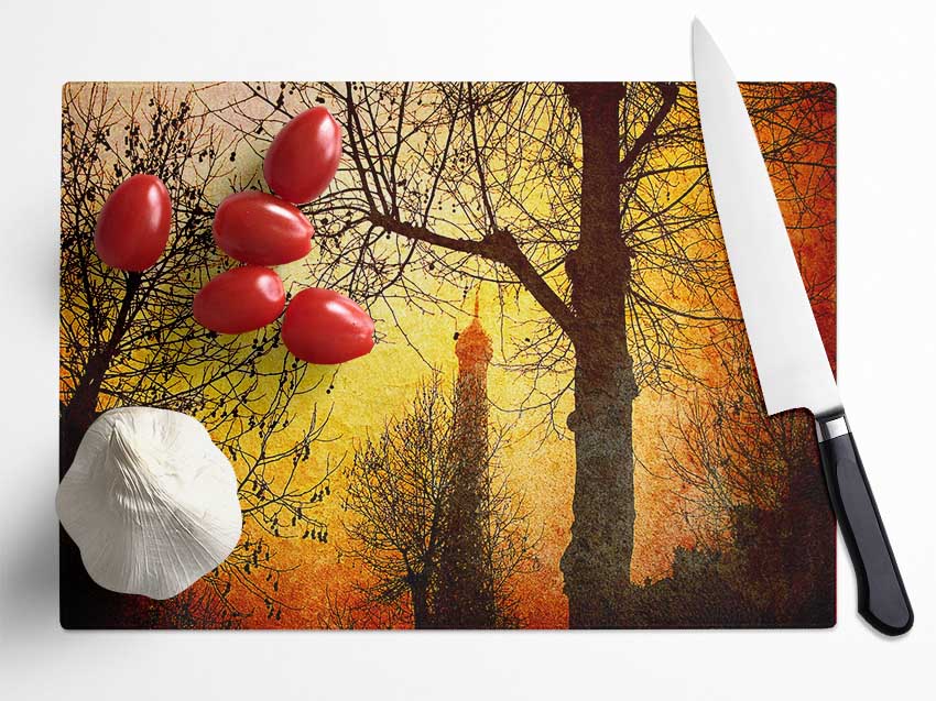 Eiffel Tower Through The Golden Trees Glass Chopping Board