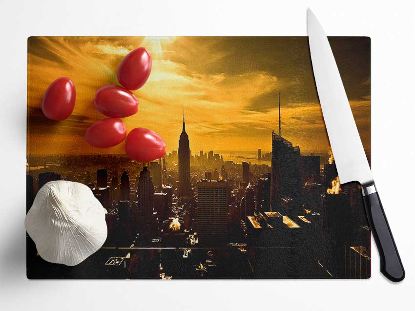 Empire State Building New York City Golden Sunset Glass Chopping Board