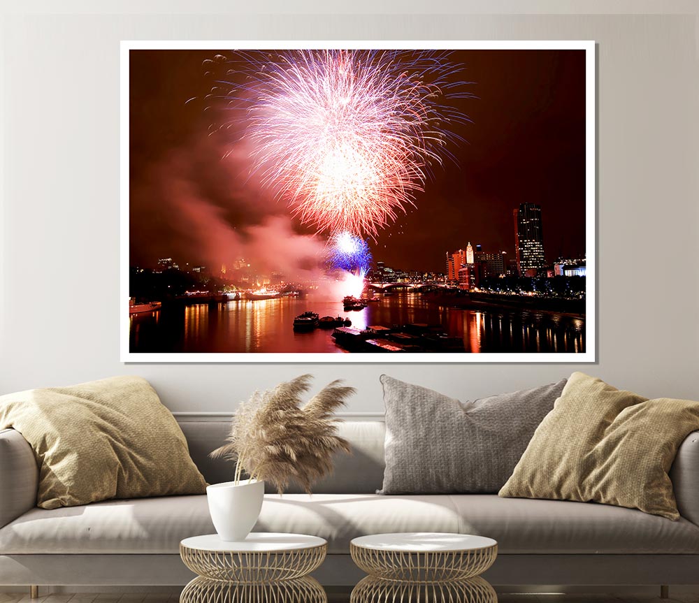 Fireworks On The Thames London Print Poster Wall Art