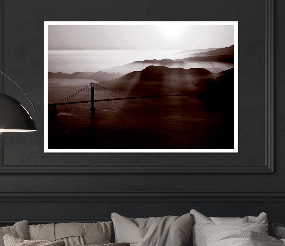 Goldon Gate Bridge Misty Morning Brown Print Poster Wall Art