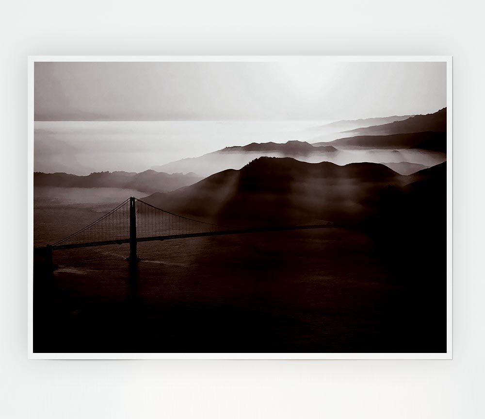 Goldon Gate Bridge Misty Morning Brown Print Poster Wall Art