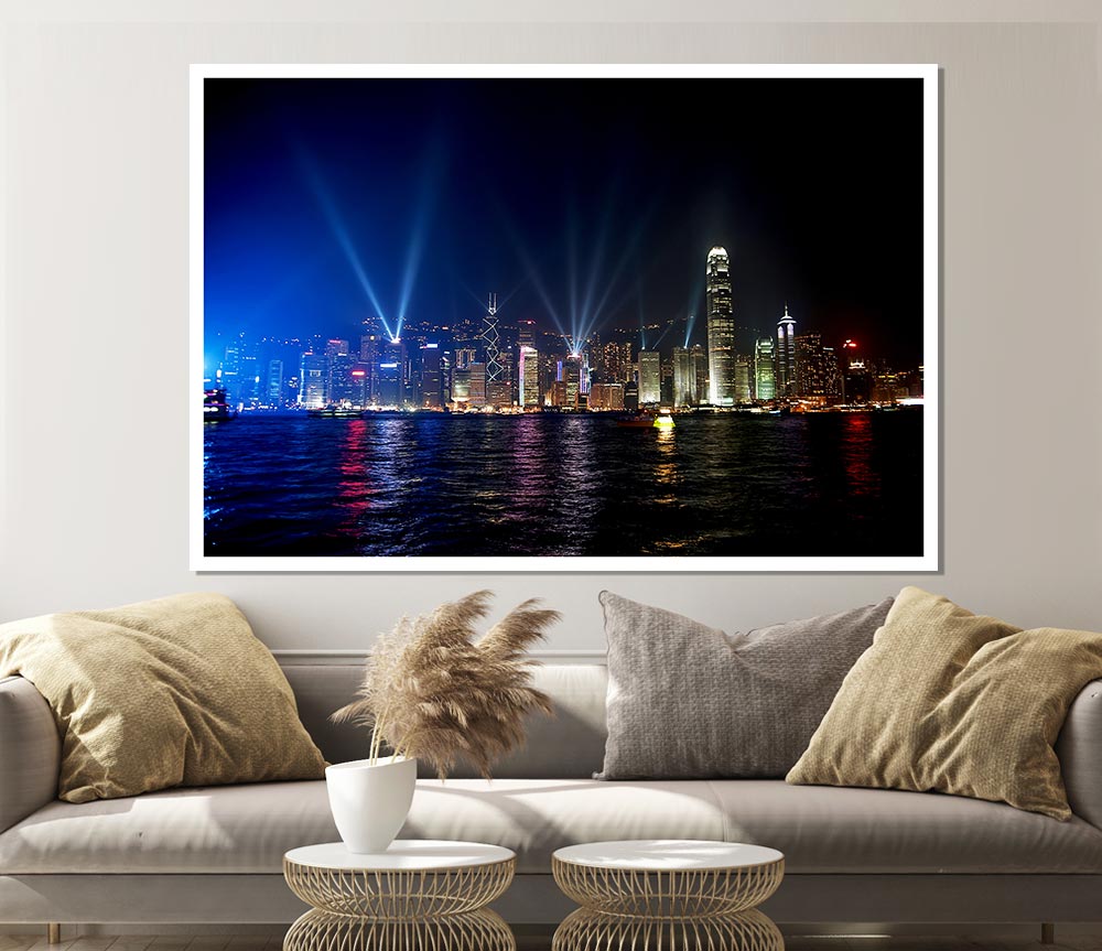 Hong Kong Strobe Light Reflections Print Poster Wall Art