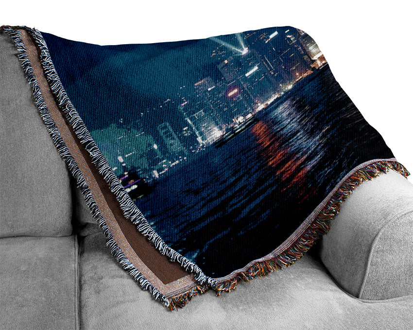 Hong Kong Strobe Light Reflections Woven Blanket