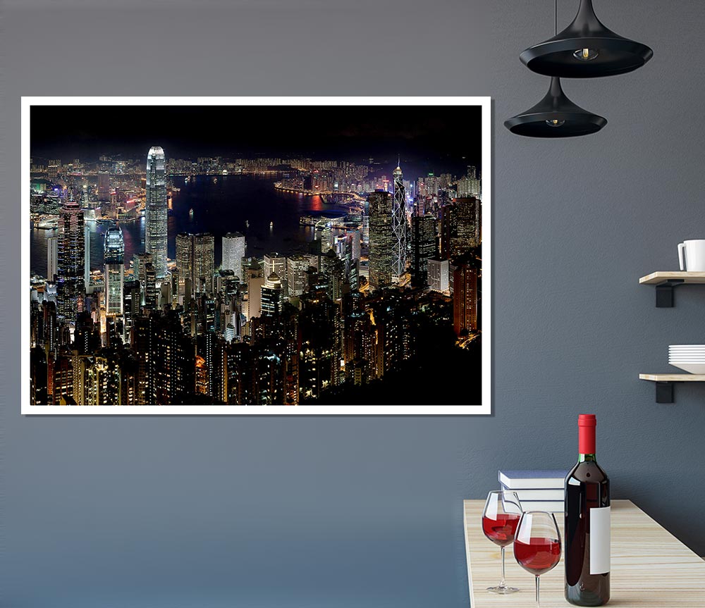 Hong Kong Waters At Night Print Poster Wall Art