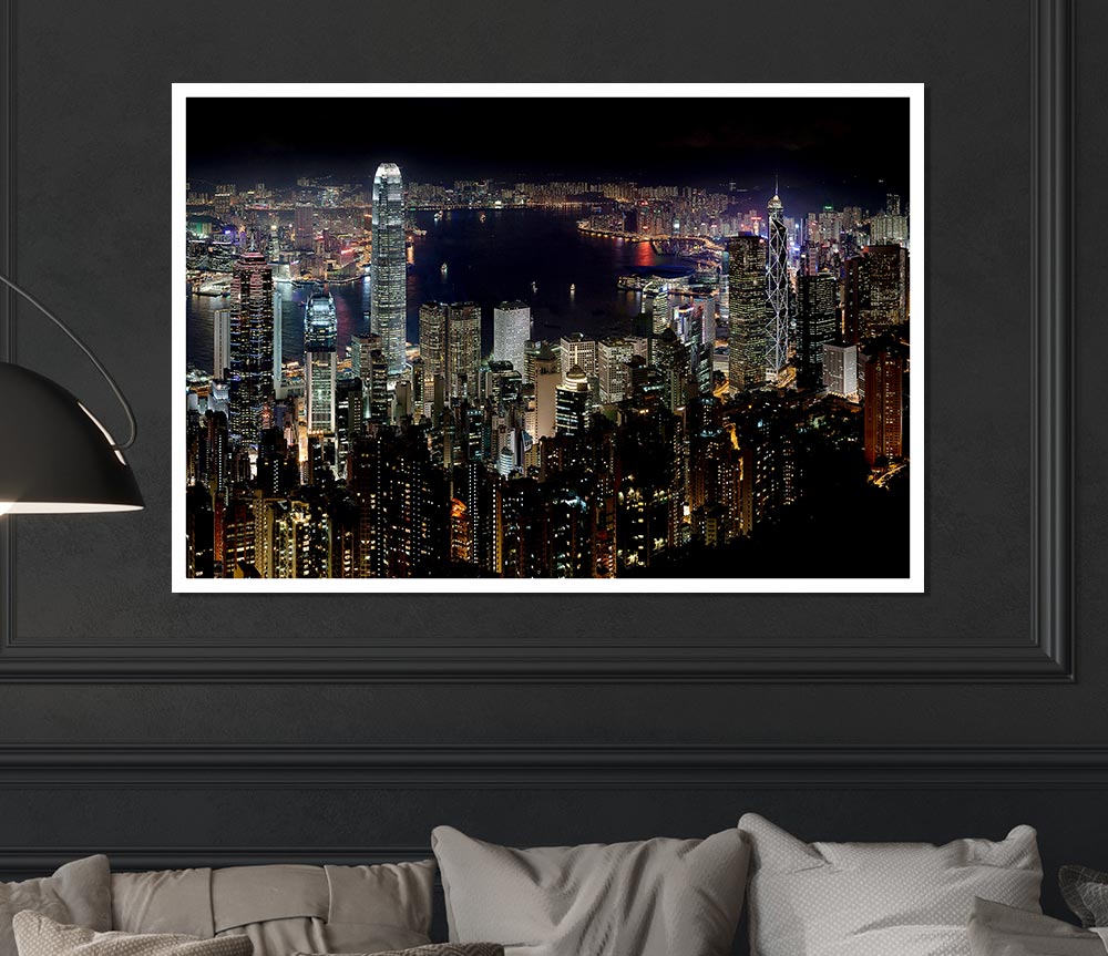 Hong Kong Waters At Night Print Poster Wall Art