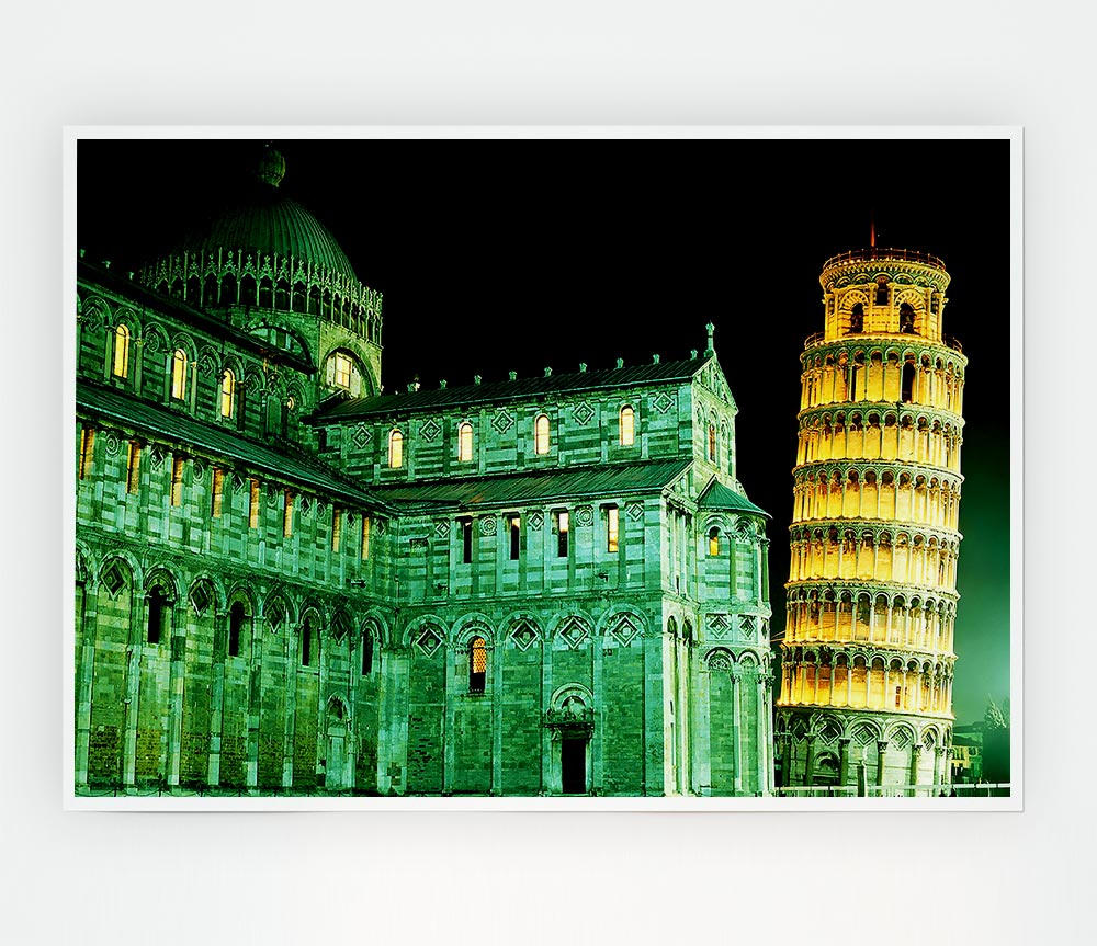 Leaning Tower Of Pisa Green Hue Print Poster Wall Art